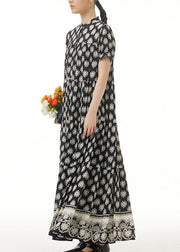 Retro Black Wrinkled Print Patchwork Long Chiffon Dress Summer