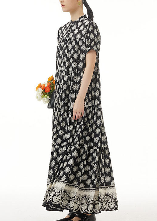 Retro Black Wrinkled Print Patchwork Long Chiffon Dress Summer