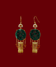 Retro Blackish Green Ancient Gold Inlaid Pearl Jade Agate Tassel Drop Earrings