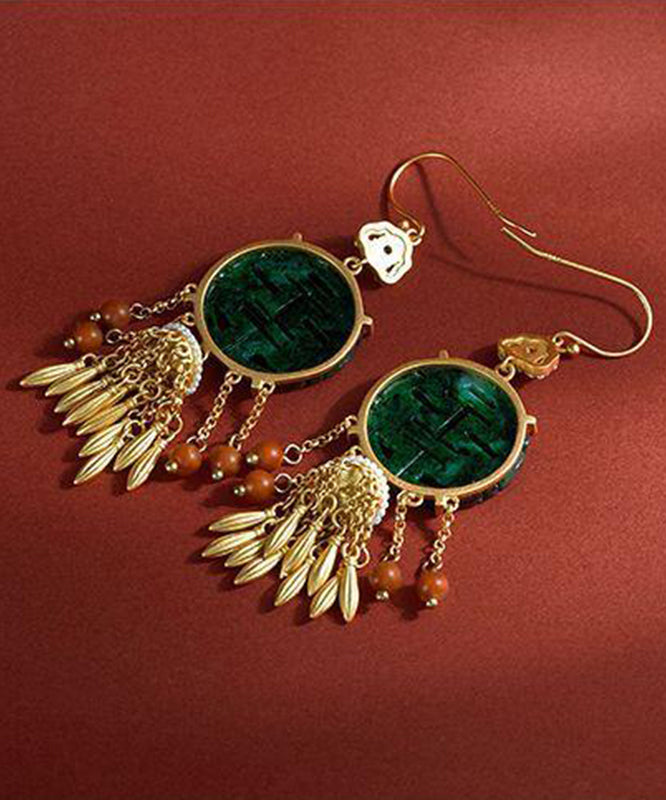 Retro Blackish Green Ancient Gold Inlaid Pearl Jade Agate Tassel Drop Earrings