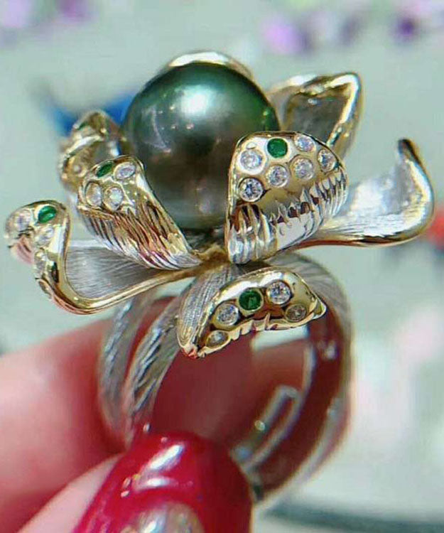 Retro Blackish Green Sterling Silver Zircon Gem Stone Lotus Rings