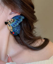 Retro Blue Alloy Zircon Woven Asymmetrical Butterfly Hoop Earrings