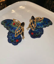 Retro Blue Alloy Zircon Woven Asymmetrical Butterfly Hoop Earrings