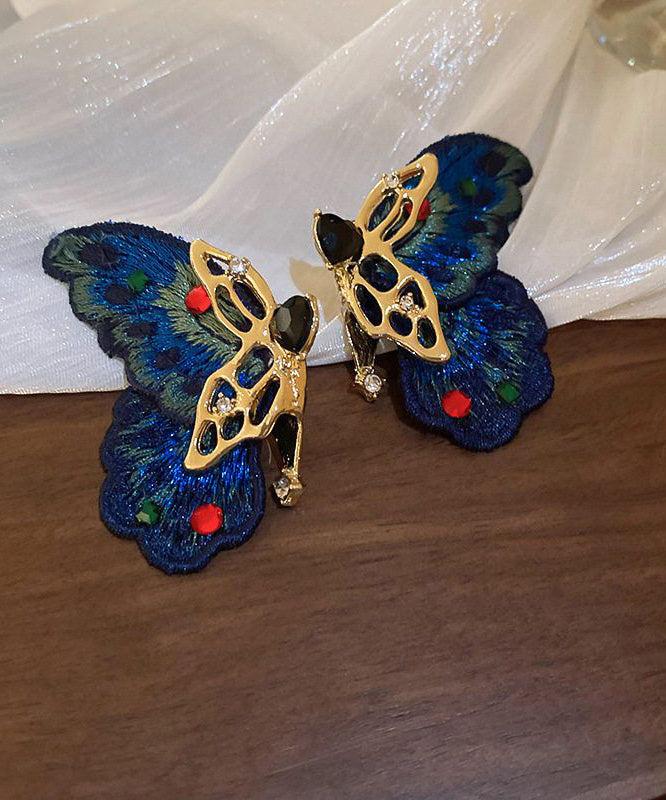 Retro Blue Alloy Zircon Woven Asymmetrical Butterfly Hoop Earrings