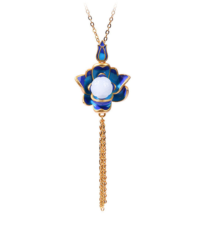 Retro Blue Ancient Gold Jade Lotus Flower Tassel Pendant Necklace
