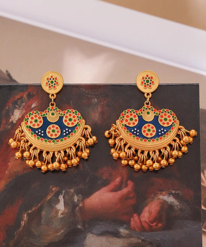 Retro Blue Antique Gold Enamel Tassel Drop Earrings