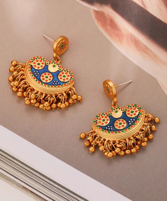 Retro Blue Antique Gold Enamel Tassel Drop Earrings