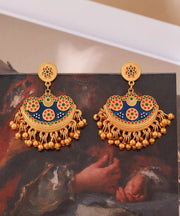 Retro Blue Antique Gold Enamel Tassel Drop Earrings