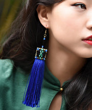 Retro Blue Bronze Alloy Tassel Agate Drop Earrings