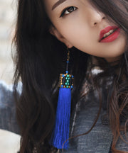 Retro Blue Bronze Alloy Tassel Agate Drop Earrings