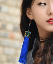 Retro Blue Bronze Alloy Tassel Agate Drop Earrings