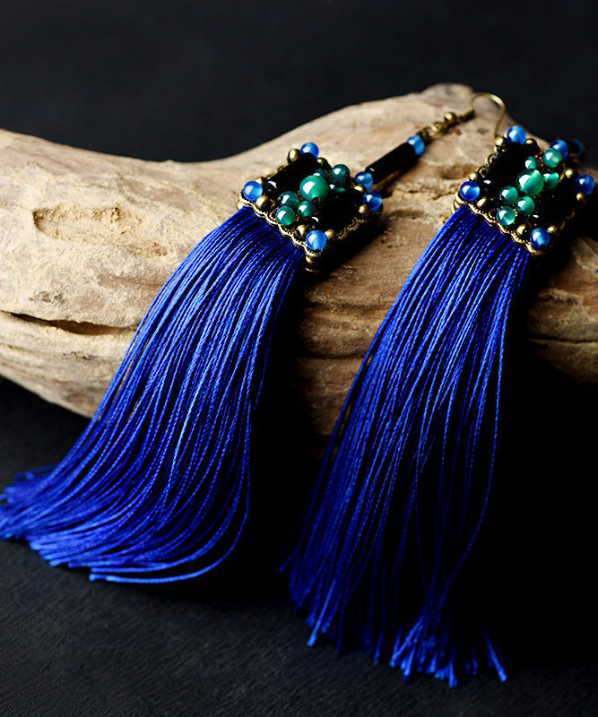 Retro Blue Bronze Alloy Tassel Agate Drop Earrings