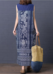 Retro Blue Chinese Button Patchwork Side Open Linen Long Dress Sleeveless