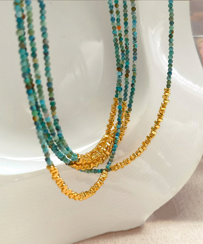 Retro Blue Copper Alloy Gem Stone Beading Graduated Bead Necklace