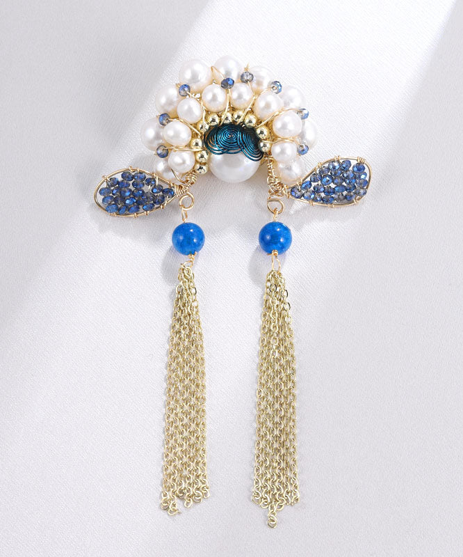 Retro Blue Copper Overgild Zircon Pearl Face Mask Brooches