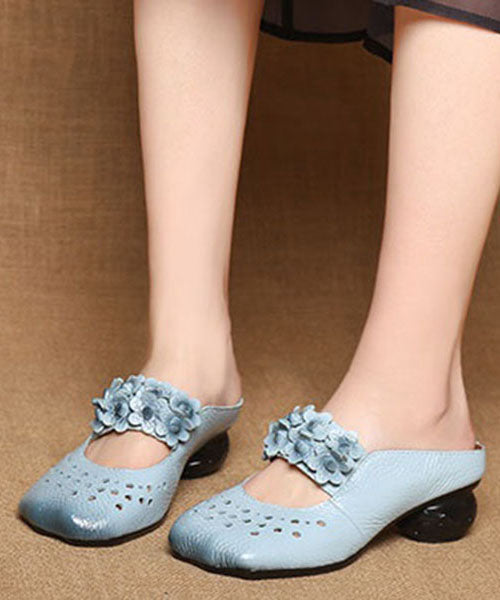 Retro Blue Cowhide Leather Floral Splicing Slide Sandals