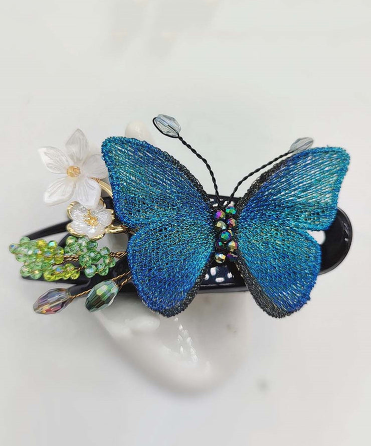 Retro Blue Crystal Resin Floral Embroidery Butterfly Hairpin