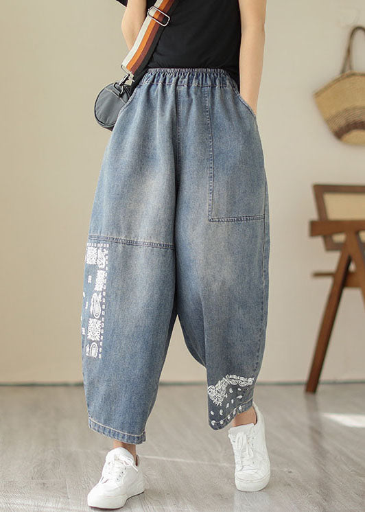 Retro Blue Embroideried Pockets Patchwork Denim Pants Summer