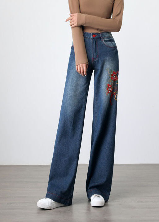 Retro Blue Embroideried Pockets Patchwork Denim Wide Leg Pants Spring