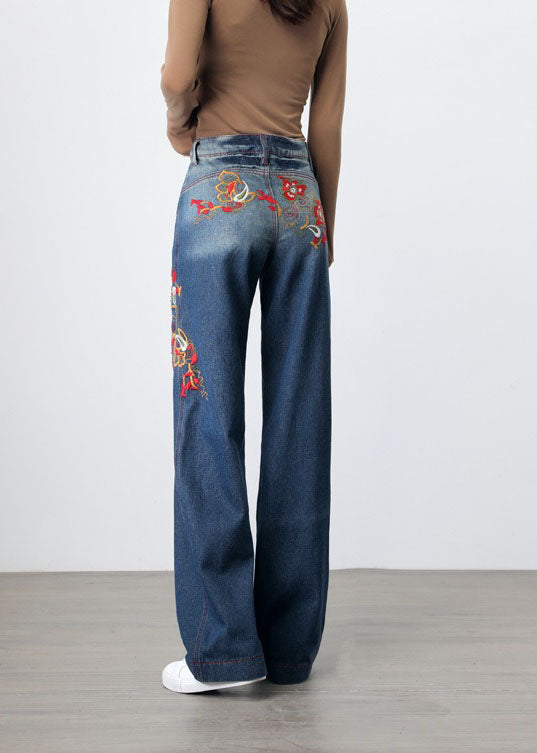 Retro Blue Embroideried Pockets Patchwork Denim Wide Leg Pants Spring