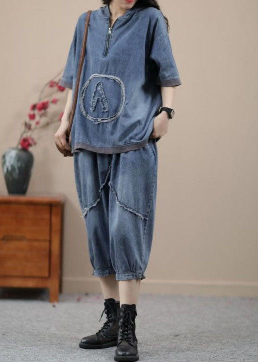 Retro Blue Hooded Zippered Patchwork Denim Two Pieces Set Summer