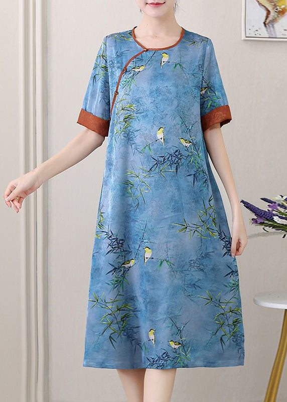 Retro Blue O-Neck Jacquard Side Open Patchwork Silk Mid Dress Summer