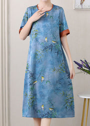 Retro Blue O-Neck Jacquard Side Open Patchwork Silk Mid Dress Summer