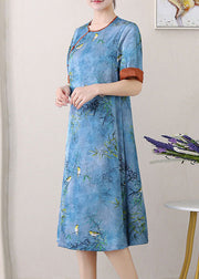 Retro Blue O-Neck Jacquard Side Open Patchwork Silk Mid Dress Summer