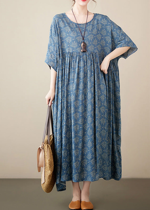 Retro Blue O-Neck Print Cotton Long Dresses Short Sleeve