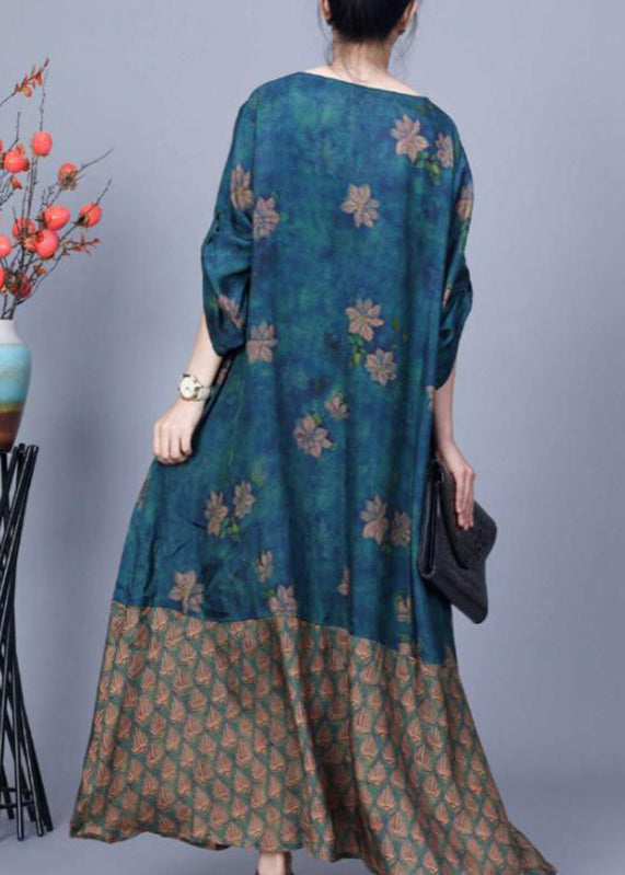 Retro Blue O-Neck Print Patchwork Silk Maxi Dress Spring