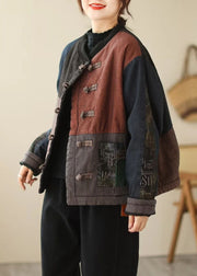 Retro Blue Oriental Button Patchwork Applique Fine Cotton Filled Coat Outwear Winter