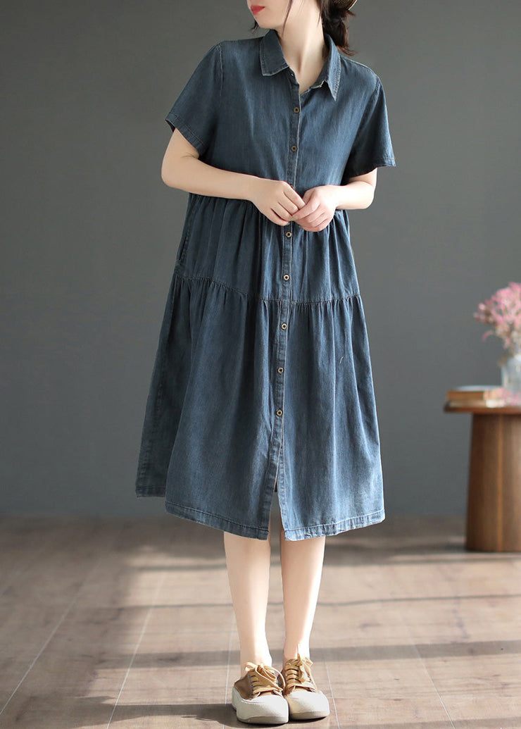 Retro Blue Patchwork Solid Silk Vacation Denim Long Shirt Dresses Summer