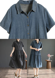 Retro Blue Patchwork Solid Silk Vacation Denim Long Shirt Dresses Summer