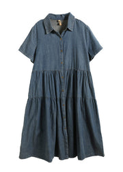 Retro Blue Patchwork Solid Silk Vacation Denim Long Shirt Dresses Summer