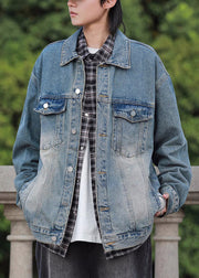 Retro Blue Peter Pan Collar Pockets Denim Men Coat Spring