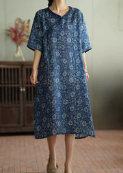 Retro Blue Print Button Ramie Maxi Dress Short Sleeve