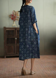 Retro Blue Print Button Ramie Maxi Dress Short Sleeve