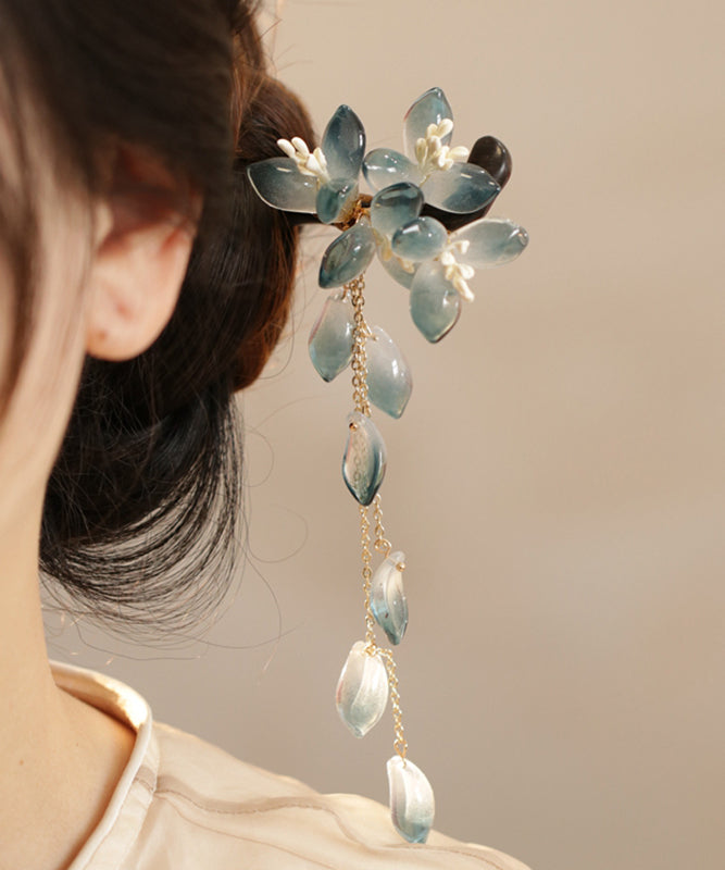 Retro Blue Sandalwood Coloured Glaze Floral Tassel Hairpin