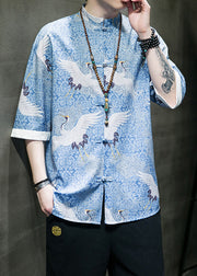 Retro Blue Stand Collar Print Chinese Button Mens Shirts Coat Summer