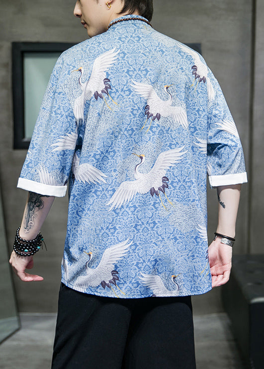 Retro Blue Stand Collar Print Chinese Button Mens Shirts Coat Summer
