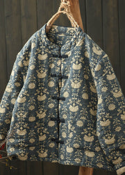 Retro Blue Stand Collar Print Fine Cotton Filled Jacket Spring