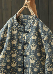 Retro Blue Stand Collar Print Fine Cotton Filled Jacket Spring