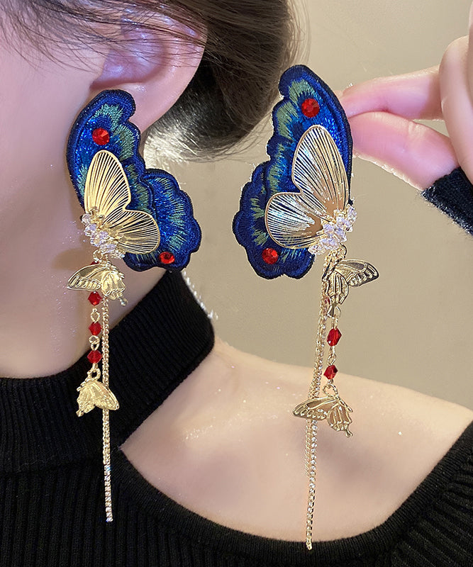 Retro Blue Sterling Silver Alloy Zircon Fabric Butterfly Embroidery Tassel Drop Earrings