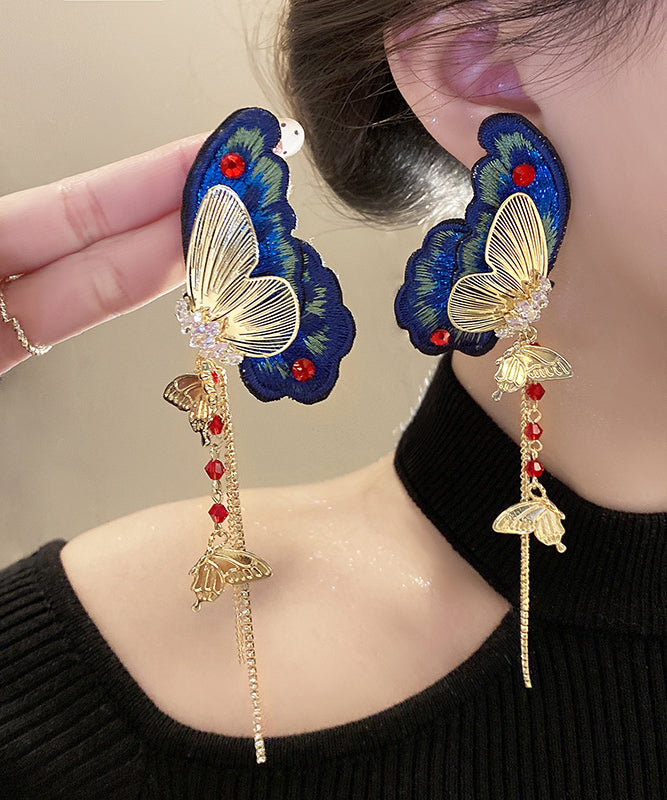 Retro Blue Sterling Silver Alloy Zircon Fabric Butterfly Embroidery Tassel Drop Earrings