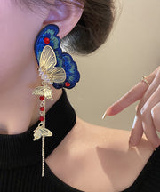 Retro Blue Sterling Silver Alloy Zircon Fabric Butterfly Embroidery Tassel Drop Earrings