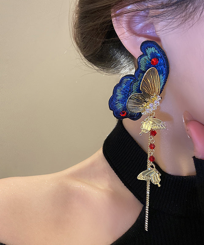 Retro Blue Sterling Silver Alloy Zircon Fabric Butterfly Embroidery Tassel Drop Earrings