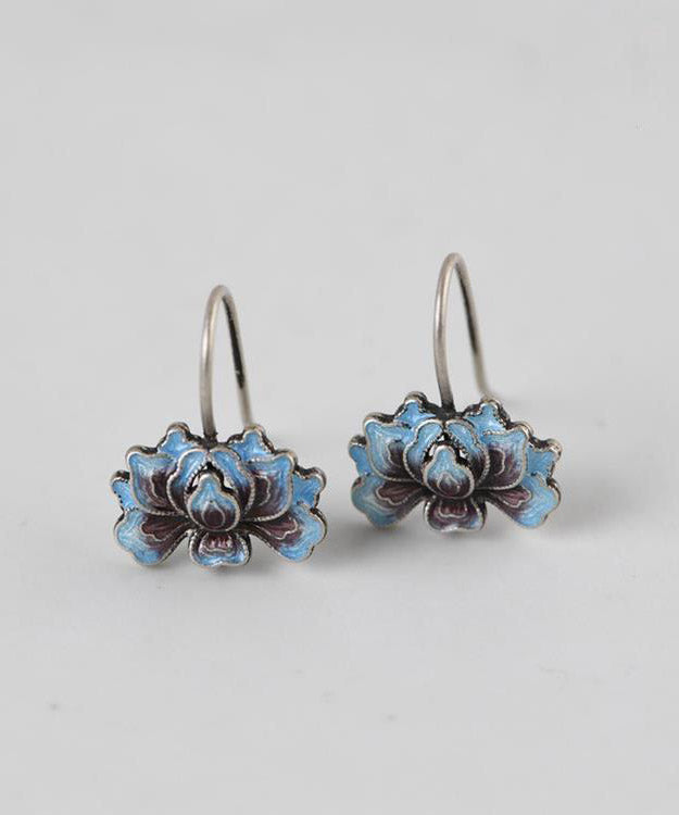 Retro Blue Sterling Silver Cloisonne Peony Stud Earrings