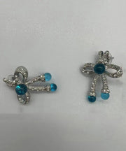 Retro Blue Sterling Silver CrystalColoured Glaze Bow Stud Earrings