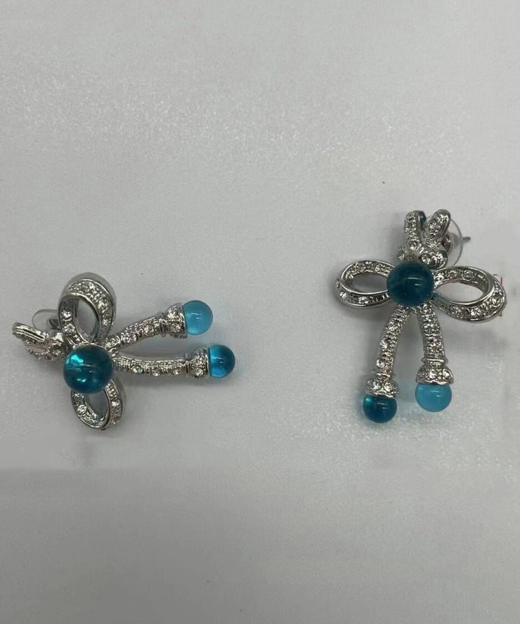 Retro Blue Sterling Silver CrystalColoured Glaze Bow Stud Earrings