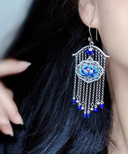 Retro Blue Sterling Silver Enamel Lotus Tassel Drop Earrings